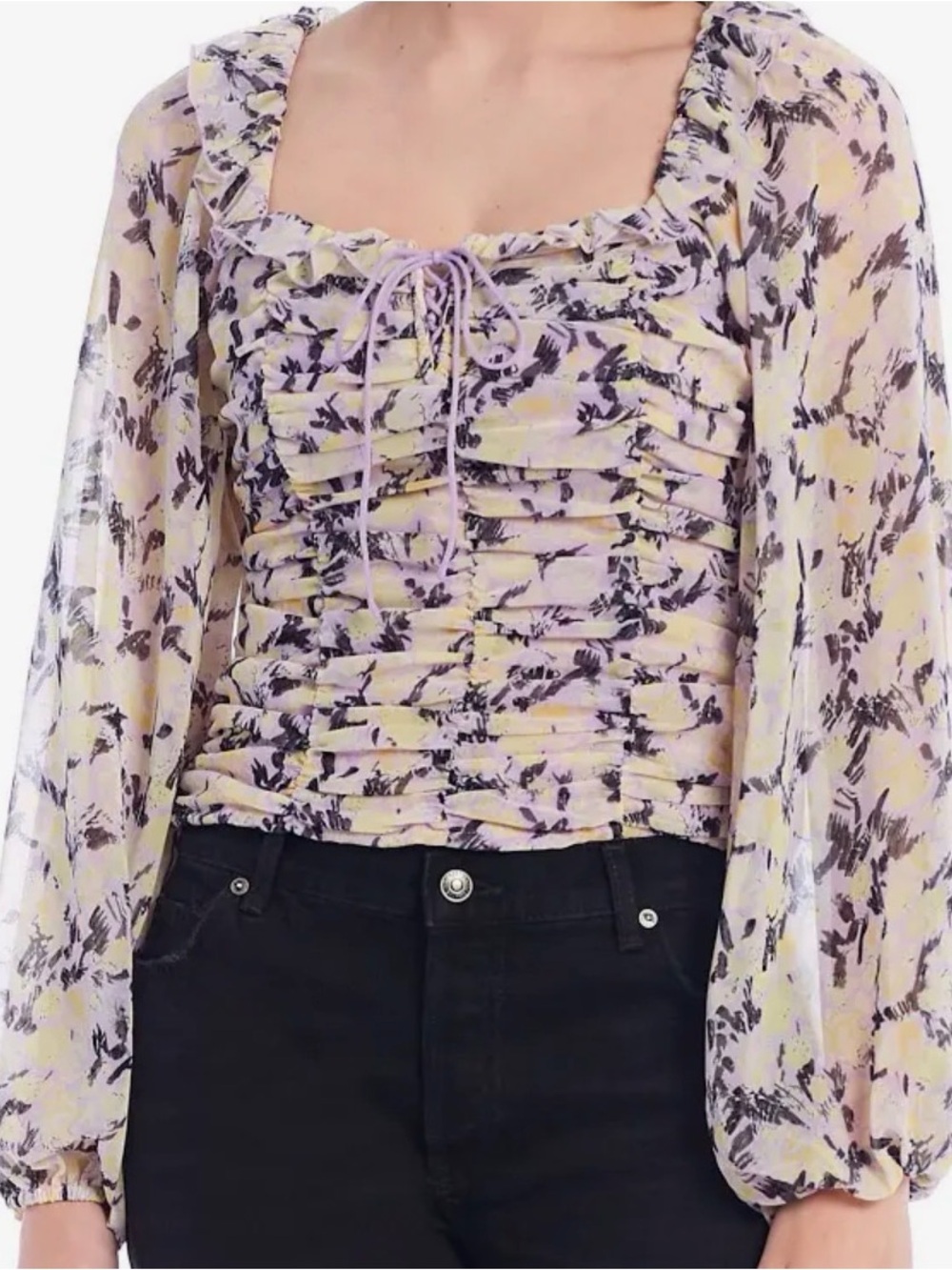 Free People NWT Mable Fairycore Floral Lace Up Balloon Sleeve Blouse Lilac XS